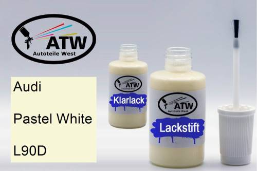 Audi, Pastel White, L90D: 20ml Lackstift + 20ml Klarlack - Set, von ATW Autoteile West.